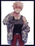  1boy adcalcium animal_print bakugou_katsuki belt black_belt black_border black_tank_top boku_no_hero_academia border clenched_teeth commentary_request cowboy_shot hand_on_own_neck highres jacket jewelry leopard_print long_hair long_sleeves looking_at_viewer male_focus necklace outside_border pants print_jacket red_eyes red_pants short_hair simple_background solo spiky_hair standing tank_top teeth white_background 
