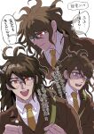  1boy :d bangs brown_hair brown_jacket brown_necktie clenched_hands collared_shirt danganronpa_(series) danganronpa_v3:_killing_harmony fang glasses gokuhara_gonta highres jacket kumakoro_(tetsupag) long_hair messy_hair multiple_views necktie round_eyewear shirt simple_background smile teeth tongue translation_request upper_teeth white_background white_shirt 