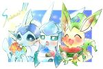  :d ^_^ blue_eyes blush bowl bright_pupils closed_eyes commentary_request drinking drinking_straw_in_mouth eating fang flower glaceon glass green_eyes happy holding leafeon naoto_(shion) no_humans open_mouth pokemon pokemon_(creature) shaved_ice smile vaporeon watermelon_slice white_pupils 
