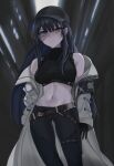  1girl armband bare_shoulders baseball_cap belt black_gloves black_hair blue_archive blue_eyes commentary crop_top gloves hat highres holster jacket long_hair looking_at_viewer loose_belt midriff navel saori_(blue_archive) solo takida_185 thigh_holster white_jacket 
