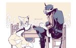  1boy 1girl animal_ear_fluff animal_ears arknights black_jacket black_pants cape chair cup demon_boy earpiece flamebringer_(arknights) flower fox_ears fox_girl fox_tail frilled_skirt frills gloves hairband hakomori_(su-gu-ha) horns jacket kitsune kyuubi multiple_tails pants pointy_ears short_hair single_horn sitting size_difference skirt suzuran_(arknights) table tail teacup teapot 