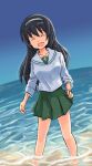  1girl :d ^_^ black_hair closed_eyes day girls_und_panzer hairband long_hair mutsu_(layergreen) ocean ooarai_school_uniform outdoors reizei_mako school_uniform smile solo wading 