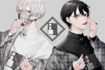  2boys black_hair copyright_request ear_piercing finger_heart grey_background grey_eyes highres jewelry long_sleeves looking_at_viewer matching_outfit multiple_boys nail_polish obisn open_mouth original piercing red_eyes ring short_hair turtleneck white_hair 