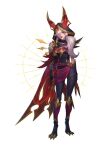  1girl animal_ears arcana_xayah armor bangs black_bodysuit black_cape bodysuit breasts cape fake_animal_ears full_body grey_hair hair_over_one_eye hane_nuo_qing-ko hood hood_up league_of_legends long_hair medium_breasts official_alternate_costume parted_lips ponytail red_cape red_eyes red_lips red_skirt shiny shiny_hair shoulder_armor simple_background skirt slit_pupils smile solo teeth watermark white_background xayah 