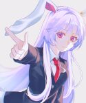  1girl animal_ears black_jacket blazer blouse breasts buttons collared_shirt crescent crescent_pin finger_gun highres jacket light_purple_hair long_hair long_sleeves looking_at_viewer n_s_i_oo necktie purple_hair rabbit_ears rabbit_girl red_eyes red_necktie reisen_udongein_inaba shirt solo touhou very_long_hair white_shirt 
