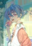  1boy blue_eyes blue_hair can fang headband highres long_sleeves looking_at_viewer male_focus multicolored_eyes open_mouth original short_hair smile soda soda_can solo sweat violet_eyes yonab yonab_(yonab) 