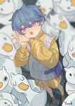  1boy absurdres bird blue_eyes blue_hair blush highres jacket loafers long_sleeves male_focus multicolored_eyes open_mouth original shoes short_hair shorts socks solo stuffed_animal stuffed_bird stuffed_toy violet_eyes yonab yonab_(yonab) 