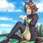  1girl :d animal_ears bangs black_footwear black_jacket black_shorts blue_sky brown_hair clouds cloudy_sky flask grass hair_over_one_eye highres holding horse_ears horse_girl horse_tail jacket long_hair outdoors ponytail shorts sitting sky smile solo tail take978733141 tree umamusume vodka_(umamusume) yellow_eyes 