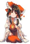  1girl :| ascot bangs black_hair bow closed_mouth collarbone dango detached_sleeves dress eating food frilled_bow frilled_hair_tubes frills green_eyes hair_bow hair_tubes hakurei_reimu highres holding holding_food long_hair looking_at_viewer matsukuzu red_bow red_dress red_ribbon ribbon ribbon-trimmed_sleeves ribbon_trim seiza sidelocks simple_background sitting solo touhou wagashi wavy_mouth white_background white_sleeves yellow_ascot 