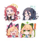  &gt;_&lt; =_= animal_ear_headphones arisu_(blue_archive) bangs black_hair blonde_hair blue_archive blue_necktie bow braid byako_(srktn) cat_ear_headphones collared_shirt crying green_eyes hair_bow halo headphones highres hood hooded_jacket jacket licking midori_(blue_archive) multicolored_clothes multicolored_jacket necktie one_side_up open_mouth parted_bangs redhead shirt siblings sisters sweatdrop tears tongue twins white_bow white_jacket yuzu_(blue_archive) 