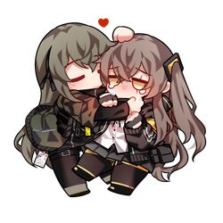  2girls absurdres armband bangs black_gloves black_pantyhose black_ribbon black_skirt blush brown_hair chibi closed_eyes commission commissioner_upload crying crying_with_eyes_open fingerless_gloves full_body garter_straps girls_frontline gloves hair_between_eyes hair_ornament hair_ribbon headpat heart highres hug id_card jacket long_hair multiple_girls one_side_up open_clothes open_jacket orange_eyes pantyhose pleated_skirt ribbon scar scar_across_eye scar_on_face shirt skirt standing tears transparent_background ump40_(girls&#039;_frontline) ump45_(girls&#039;_frontline) white_shirt yuutama2804 