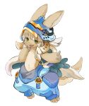  1girl animal_ears baggy_pants body_fur brown_fur commentary_request furry furry_female helmet highres horizontal_pupils jewelry made_in_abyss nanachi_(made_in_abyss) pants rabite sad_icecream_(asdfghj30082493) simple_background solo white_background white_hair yellow_eyes 