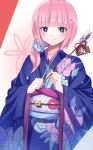  1girl absurdres arrow_(projectile) bangs blue_eyes blue_kimono blunt_bangs blush closed_mouth commentary_request cowboy_shot floral_print hands_up highres holding holding_arrow japanese_clothes kaf_(kamitsubaki_studio) kamitsubaki_studio kimono long_hair looking_at_viewer low_ponytail obi pink_hair red_background red_ribbon ribbon sash simple_background sleeves_past_elbows smile solo standing tirudo29 translation_request two-tone_background white_background white_sash wide_sleeves yellow_pupils 