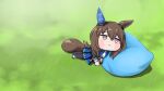  1girl admire_vega_(umamusume) animal_ears bangs bean_bag_chair blush_stickers brown_eyes brown_hair ear_covers ear_ornament grass hair_between_eyes horse_ears horse_girl long_hair lying necktie on_ground on_side pantyhose raccoon_tail sidelocks single_ear_cover tail tareme tenten_(chan4545) umamusume umamusume_tanuki white_necktie yogibo 