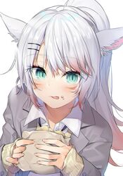  1girl :p animal_ears aqua_eyes avatar_(ff14) cat_ears cat_girl eating final_fantasy final_fantasy_xiv food food_on_face gradient_hair grey_jacket highres jacket long_hair long_sleeves looking_at_viewer miqo&#039;te multicolored_hair pink_hair ponytail sleeves_past_wrists slit_pupils sweater tongue tongue_out white_hair yana_mori yellow_sweater 