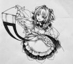  1girl apron ashi_(dongshi389) bell character_name checkered_clothes checkered_kimono clothes_writing greyscale hair_bell hair_ornament highres japanese_clothes jingle_bell kimono monochrome motoori_kosuzu open_mouth romaji_text scroll short_hair solo touhou twintails two_side_up wide_sleeves 