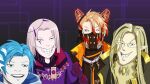  4boys absurdres animal_ears axel_syrios bangs blonde_hair blue_eyes blue_hair brooch commentary english_commentary fake_animal_ears glasses grey_hair grey_vest grin highres hololive hololive_english holostars holostars_english holotempus hood hood_down hoodie jacket jewelry khoaphan96 long_hair looking_at_viewer magni_dezmond male_focus mask me_and_the_boys meme mole mole_under_mouth multicolored_hair multiple_boys noir_vesper open_clothes open_jacket parody pointy_ears purple_background purple_shirt redhead regis_altare shirt smile streaked_hair swept_bangs vest virtual_youtuber yellow_eyes 