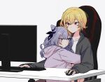  2girls :t alternate_costume bangs blonde_hair casual chair closed_mouth commentary cone_hair_bun desk earrings english_commentary grey_eyes grey_hair hair_between_eyes hair_bun hololive hololive_indonesia hood hoodie hug jewelry kaela_kovalskia keyboard_(computer) long_hair long_sleeves mitsumine_(ookami_no_oyashiro) monitor mouse_(computer) multiple_girls pout purple_hoodie red_eyes short_hair sitting upper_body vestia_zeta white_background yuri 