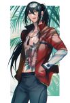  1boy alternate_hairstyle bangs black_hair black_leggings black_male_swimwear blush chain_necklace commentary_request dragon_tattoo fangs fate/grand_order fate_(series) feet_out_of_frame flower_tattoo full-body_tattoo green_eyes hair_between_eyes hair_ribbon hand_in_pocket hands_in_pockets highres jacket jewelry kanitama_(putyourhead) leggings long_hair long_sleeves looking_away male_focus male_swimwear necklace official_alternate_costume open_mouth pearl_necklace ponytail red_jacket red_ribbon ribbon smile solo swim_trunks tattoo toned toned_male very_long_hair watch watch yan_qing_(fate) yan_qing_(training_wear)_(fate) 