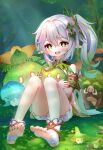  1girl 6+others absurdres animal_hug blush boar dress feet forest genshin_impact green_eyes highres hue_oo hug knees_up legs long_hair multiple_others nahida_(genshin_impact) nature open_mouth outdoors pointy_ears ponytail short_dress short_shorts shorts shorts_under_dress sitting sleeveless sleeveless_dress slime_(creature) smile socks soles thighs toeless_footwear toes tusks white_dress white_hair white_shorts white_socks 
