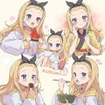  1girl alternate_costume blonde_hair blush casual character_name chibi commentary_request cookie eating food forehead fruit headband highres kurumi_(lycoris_recoil) lycoris_recoil mola_mola simple_background solo watermelon 