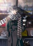  1boy absurdres animal bangs black_coat black_gloves black_hair book buttons closed_mouth coat coffee cup disposable_cup dog english_commentary fushiguro_megumi gloves green_eyes hair_between_eyes hand_in_pocket highres holding holding_cup ikag jujutsu_kaisen long_sleeves looking_away male_focus outdoors plaid plaid_scarf scarf shop short_hair smile solo spiky_hair standing steam winter winter_clothes 