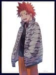  1boy adcalcium animal_print black_border black_shirt boku_no_hero_academia border collared_shirt commentary_request cowboy_shot hands_in_pockets highres jacket kirishima_eijirou long_sleeves looking_at_viewer male_focus open_clothes open_jacket open_mouth orange_pants outside_border pants print_jacket red_eyes redhead sharp_teeth shirt short_hair signature simple_background smile solo spiky_hair standing teeth tiger_print white_background white_jacket 