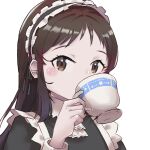  1girl alternate_costume ascot blush brown_hair covered_mouth cup dress drinking enmaided goodbye_bitmap holding holding_cup idolmaster idolmaster_cinderella_girls long_hair looking_at_viewer maid maid_headdress pinafore_dress simple_background solo straight_hair tachibana_arisu teacup upper_body white_ascot white_background 