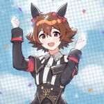  1boy :d alternate_costume animal_ears bangs blurry blush bow brown_eyes brown_hair clenched_hands commentary_request confetti cosplay curren_chan_(umamusume) curren_chan_(umamusume)_(cosplay) gloves hair_between_eyes hair_bow hands_up hilbert_(pokemon) male_focus open_mouth otoko_no_ko p_(flavorppp) pokemon pokemon_(game) pokemon_bw red_bow short_hair smile solo sweat umamusume upper_body white_gloves 