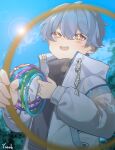 1boy absurdres blue_eyes blue_hair blue_sky blush bracelet highres jacket jewelry long_sleeves looking_at_viewer male_focus multicolored_eyes open_mouth original short_hair sky solo sparkling_eyes sun sunlight sweater turtleneck turtleneck_sweater violet_eyes yonab yonab_(yonab) 