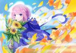  1girl absurdres bangs blue_background blue_capelet blue_eyes blue_sky blurry blurry_background blush capelet closed_mouth clouds commentary_request day flower highres holding holding_flower hood hood_down kaf_(kamitsubaki_studio) kamitsubaki_studio leaf letter looking_at_viewer ocean outdoors paper pink_hair sky smile solo standing sunflower tirudo29 two-tone_background upper_body white_background yellow_flower yellow_pupils 