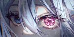  1girl 25-ji_night_code_de._(project_sekai) bangs blue_eyes close-up commentary_request covered_mouth eyelashes heterochromia highres kika light_blue_hair light_particles light_rays looking_at_viewer pink_eyes project_sekai solo sparkling_eyes winter yoisaki_kanade 