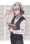  1boy adjusting_eyewear alternate_costume bespectacled black-framed_eyewear black_pants black_vest book bookshelf collared_shirt cowboy_shot fate/grand_order fate_(series) glasses grey_hair hair_between_eyes holding holding_book long_sleeves looking_at_viewer low_ponytail male_focus multicolored_hair odysseus_(fate) pants redhead shirt short_ponytail smile solo sparkle streaked_hair tia_(cocorosso) vest white_background white_shirt yellow_eyes 