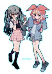  2girls alternate_eye_color bangs black_footwear black_socks black_vest blonde_hair blue_eyes blue_jacket blue_outline bow choker closed_mouth collared_shirt dated detached_hood fang flat_chest full_body green_hair grey_footwear grey_skirt grey_sweater_vest hair_ornament hairclip hatsune_miku heart highres hood jacket kagamine_rin long_hair long_sleeves medium_hair miniskirt multiple_girls neck_ribbon open_clothes open_jacket open_mouth outline pink_ribbon pink_skirt pink_socks plaid plaid_ribbon plaid_skirt red_bow red_eyes red_hood red_ribbon ribbon school_uniform shirt shoes short_sleeves simple_background skirt sleeves_past_fingers sleeves_past_wrists smile socks sweater_vest transparent_background vest vocaloid watch watch white_shirt xiangbuqimimaderen 