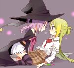  2girls alina_gray bangs blush bow green_hair hat long_hair magia_record:_mahou_shoujo_madoka_magica_gaiden magical_girl mahou_shoujo_madoka_magica misono_karin miyuara multiple_girls purple_hair sakae_general_school_uniform school_uniform skirt star_(symbol) 