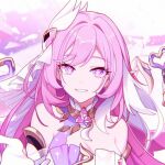 1girl aze_ina detached_sleeves elysia_(herrscher_of_human:ego) elysia_(honkai_impact) gloves hair_ornament honkai_(series) honkai_impact_3rd looking_at_viewer multicolored_background multicolored_hair pink_eyes pink_hair pointy_ears smile symbol-shaped_pupils white_gloves