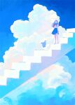  1girl animal bird blue_sky blue_theme clouds highres long_hair original penguin scenery school_uniform serafuku skirt sky stairs tabi_(tabisumika) 