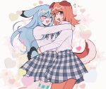  2girls :d animal_ears bangs blue_hair blurry blurry_background blush breasts buttons closed_eyes commission dog_ears dog_girl dog_tail fang floral_background furry furry_female grey_eyes hair_between_eyes happy heart highres hug long_hair long_sleeves looking_at_viewer multiple_girls open_mouth orange_hair original pastel_colors plaid plaid_skirt school_uniform serafelis shirt shirt_tucked_in short_hair skirt small_breasts smile standing tail white_background white_shirt yuri 