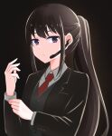  1girl black_background black_hair earpiece expressionless formal highres inoue_takina long_hair lycoris_recoil nakiri_hout necktie official_alternate_costume ponytail simple_background solo suit upper_body violet_eyes 