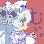  1girl blush_stickers butterfly_hair_ornament chaika_trabant chibi dress hair_ornament hairband hitsugi_no_chaika long_hair lowres mota open_mouth puffy_sleeves simple_background solo violet_eyes white_hair 