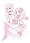  2girls absurdres aisaki_emiru ayumaru_(art_of_life) bow full_body guitar hair_bow highres holding holding_instrument hugtto!_precure instrument long_hair looking_at_another multiple_girls open_mouth ponytail precure ruru_amour sitting sketch twintails wavy_hair white_background 
