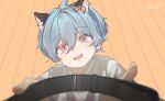  1boy animal_ears blue_eyes blue_hair cat_boy cat_ears highres looking_at_viewer looking_up male_focus multicolored_eyes open_mouth original shirt short_hair short_sleeves smile solo violet_eyes white_shirt yonab yonab_(yonab) 