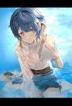 1boy ally_17451 ari_(bleum) artist_name asymmetrical_hair bangs barefoot belt blue_hair blue_shorts blue_sky blush brown_belt center_frills commentary day earrings frilled_shirt frilled_sleeves frills genshin_impact hair_between_eyes hand_up highres in_water jewelry letterboxed long_sleeves looking_at_viewer male_focus outdoors parted_lips partially_submerged shirt short_hair short_shorts shorts sidelocks single_earring sitting sky smile solo tassel tassel_earrings twitter_username wariza water wet wet_clothes wet_shirt white_shirt wide_sleeves xingqiu_(genshin_impact) yellow_eyes