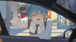  1boy blue_eyes blue_hair car cuffs ground_vehicle handcuffs head_tilt highres looking_at_viewer looking_through_window male_focus motor_vehicle multicolored_eyes necktie open_mouth original short_hair smile solo violet_eyes window yonab yonab_(yonab) 