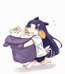  1girl :&lt; bangs barefoot black_shorts blunt_bangs carrying child flying_sweatdrops grey_background holding hololive hololive_english long_hair multicolored_hair ninomae_ina&#039;nis purple_hair shiny shiny_hair shirt short_sleeves shorts simple_background tentacle_hair two-tone_hair virtual_youtuber white_shirt younger yuuyu_(777) 