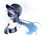  1girl armband bare_shoulders baseball_cap black_hair black_headwear black_mask blue_archive blue_eyes breasts cie_pu_(shie_pu) commentary_request halo hat jacket large_breasts long_hair looking_at_viewer mask mouth_mask saori_(blue_archive) solo white_jacket 