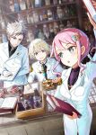  1girl 2boys arm_up blonde_hair blue_eyes breast_pocket brown_eyes brown_hair character_request chestnut_mouth commission desk falma_de_medicis glint gloves highres horseshoe_ornament indoors isekai_yakkyoku keepout long_sleeves looking_at_another microscope multiple_boys paper pen pill_bottle pink_hair pocket quill short_hair standing uniform white_gloves writing 