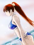  1girl bikini brown_eyes brown_hair dead_or_alive highres kasumi_(doa) lazio777 looking_at_viewer ocean ponytail ribbon solo swimsuit 