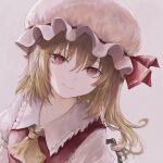  1girl absurdres ascot bangs blonde_hair closed_mouth collared_shirt commentary flandre_scarlet frilled_shirt_collar frills grey_background hair_between_eyes happiness_lilys hat hat_ribbon highres long_hair looking_at_viewer mob_cap one_side_up puffy_short_sleeves puffy_sleeves red_eyes red_ribbon red_vest ribbon shirt short_sleeves simple_background smile solo split_mouth touhou upper_body vest white_headwear white_shirt wings yellow_ascot 