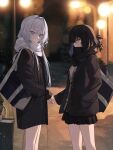  2girls absurdres ahoge bag black_coat black_scarf black_skirt blonde_hair blush coat feet_out_of_frame grey_hair hair_intakes highres holding_hands long_hair miniskirt multiple_girls night original pleated_skirt scarf school_bag skirt soya_(torga) white_scarf yuri 